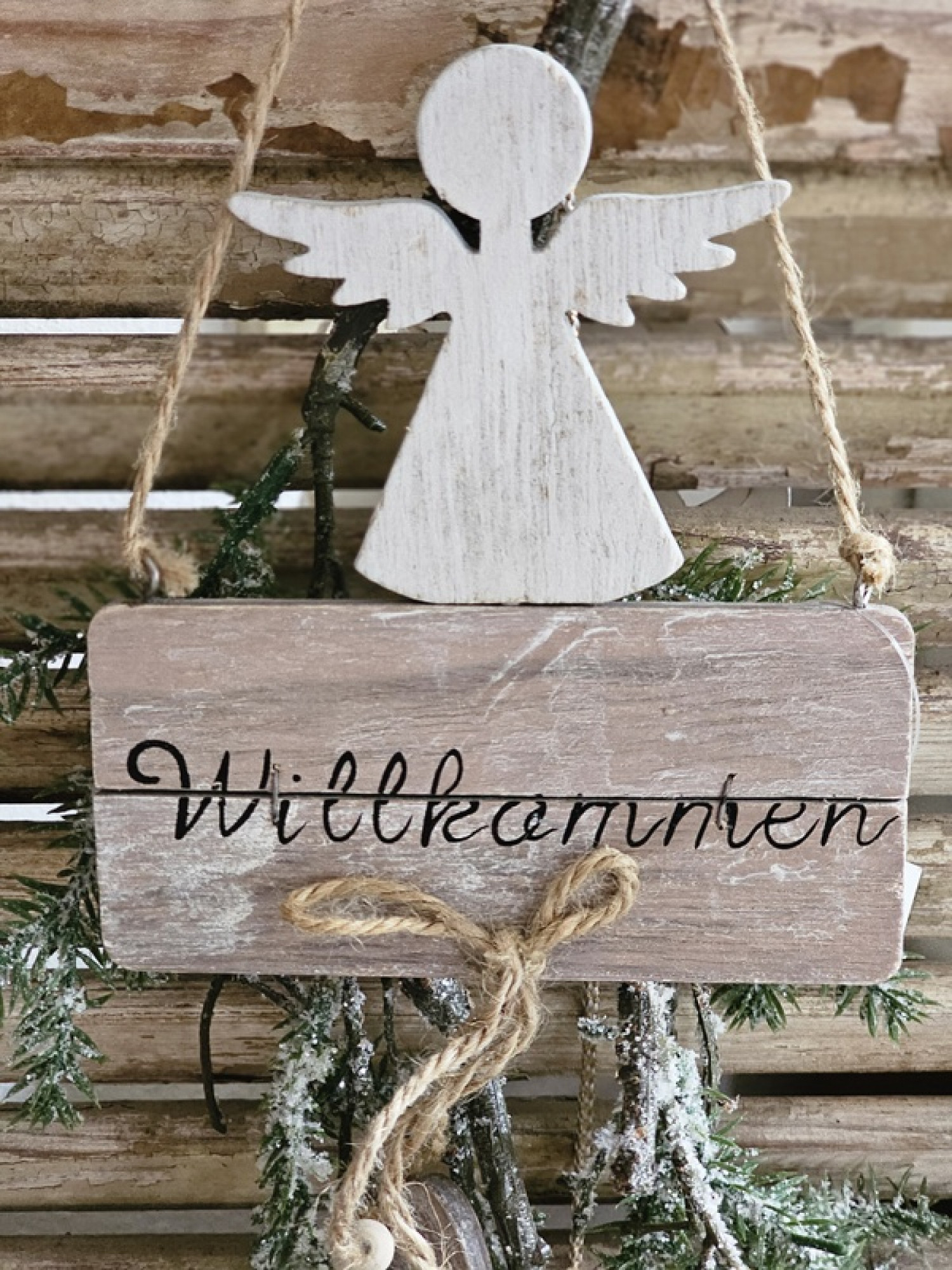 Willkommen Anhänger Holz Engel Herz