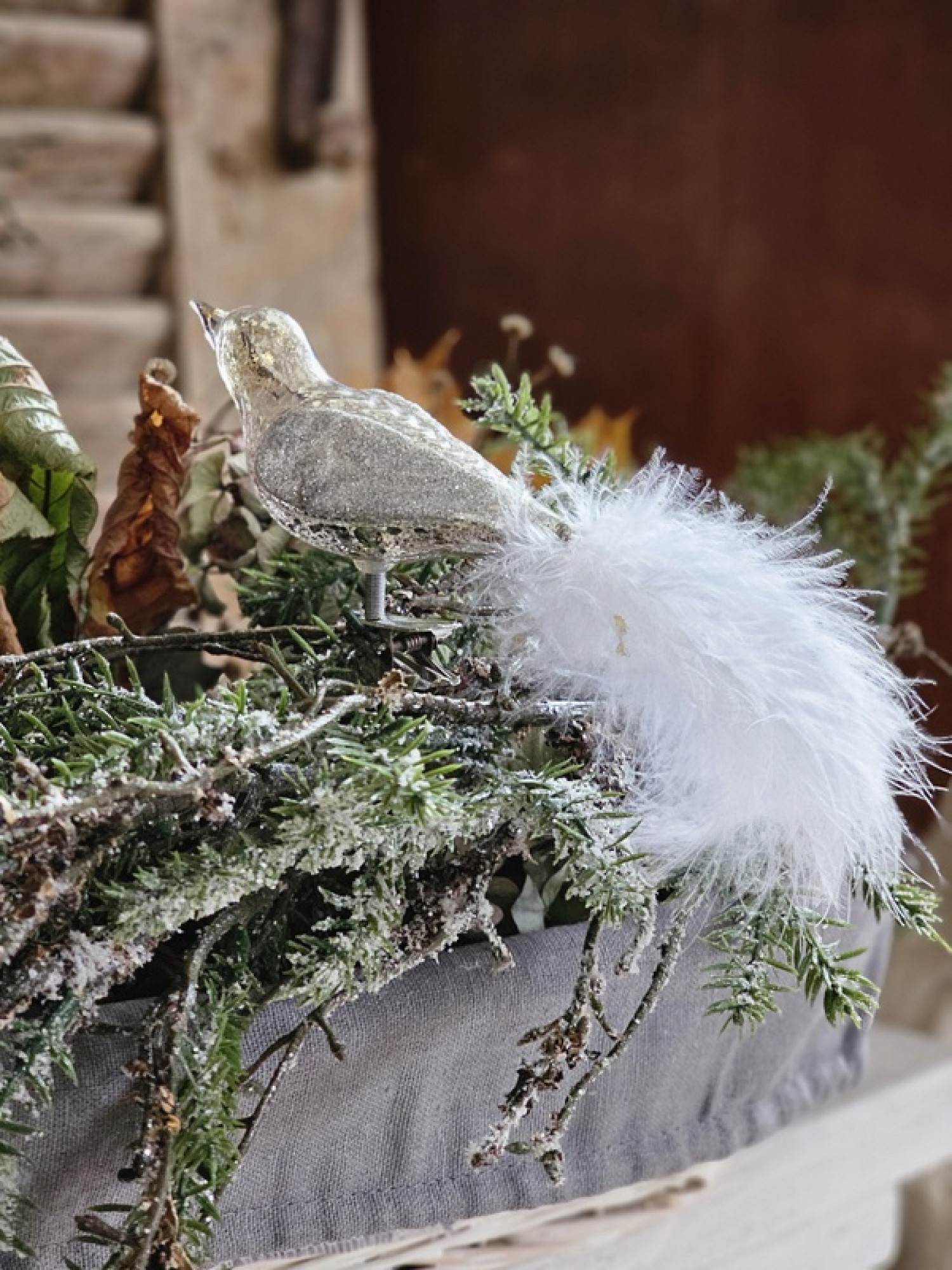 Baumschmuck Vogel Glas mit Clip silber weiß