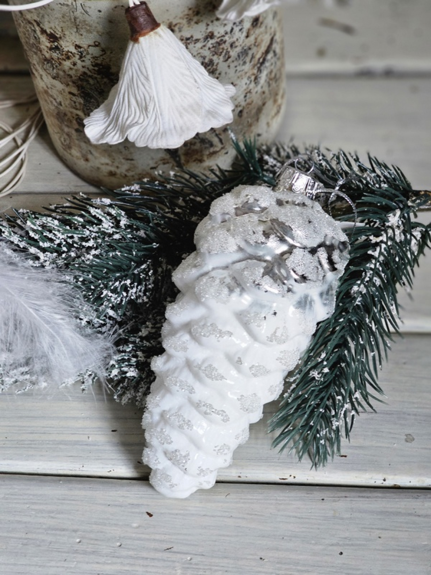 Glaszapfen weiss silber Mundgeblasen