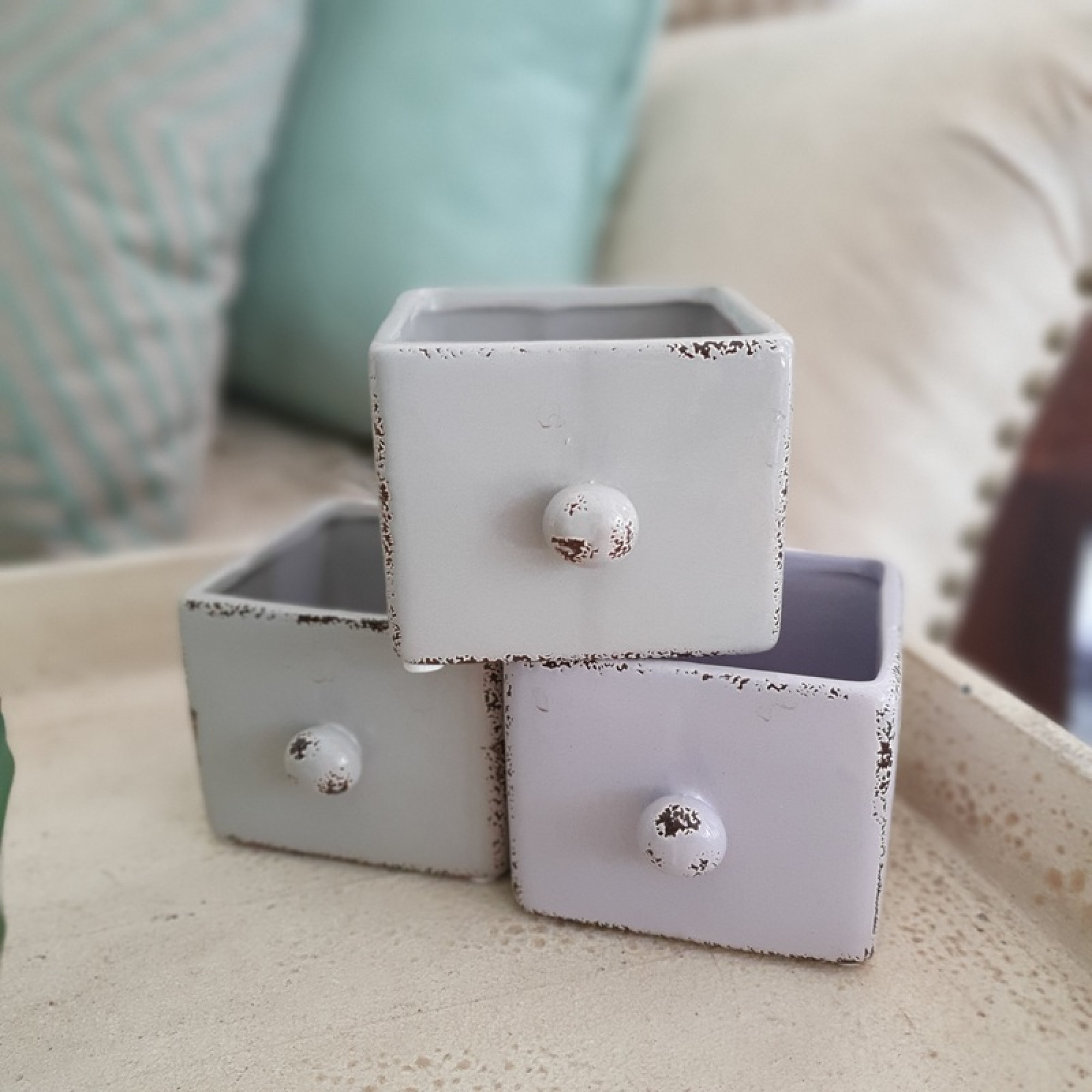 Übertopf Blumen Keramik Schublade Lasur Flieder