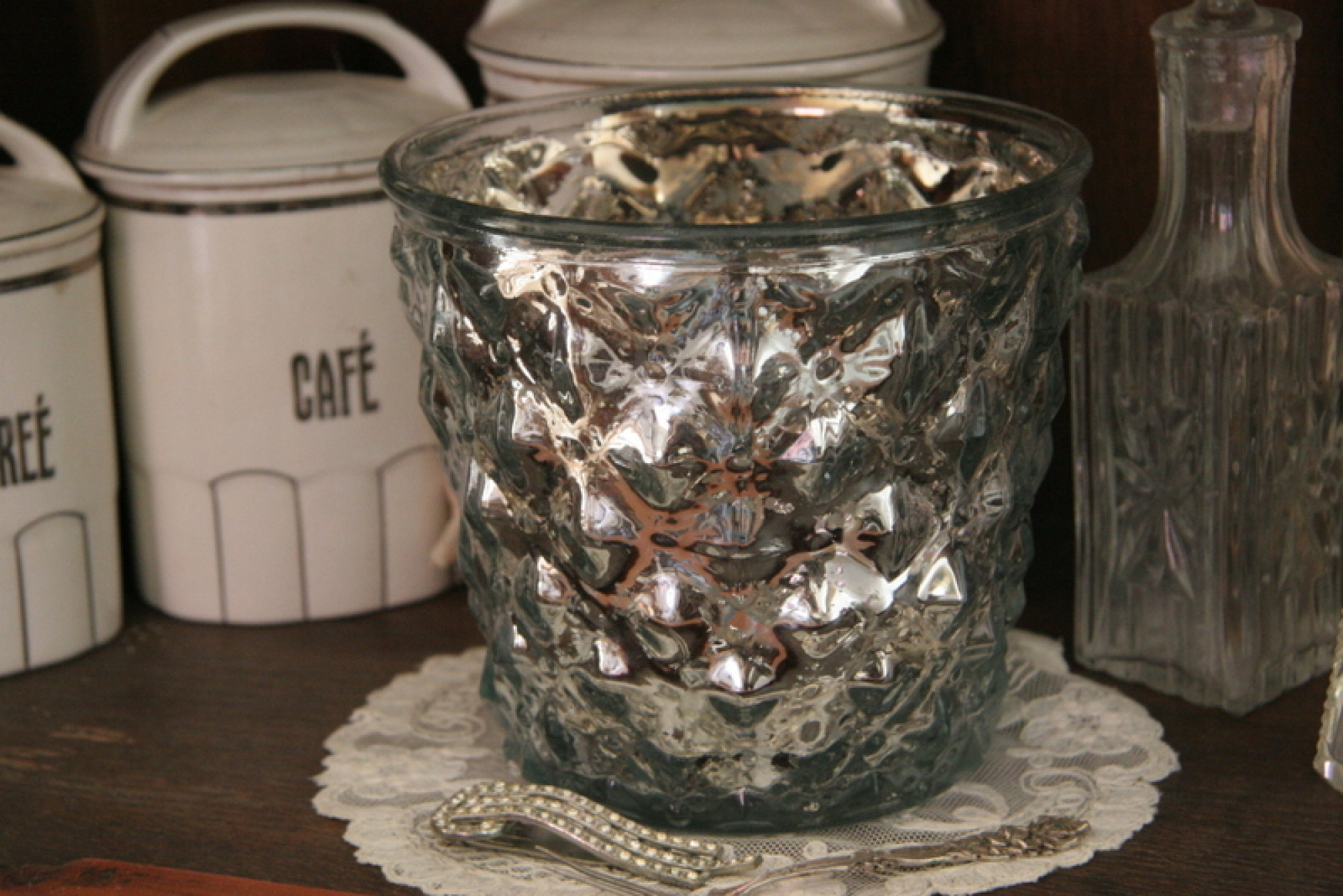 Windlicht Übertopf Glas silber