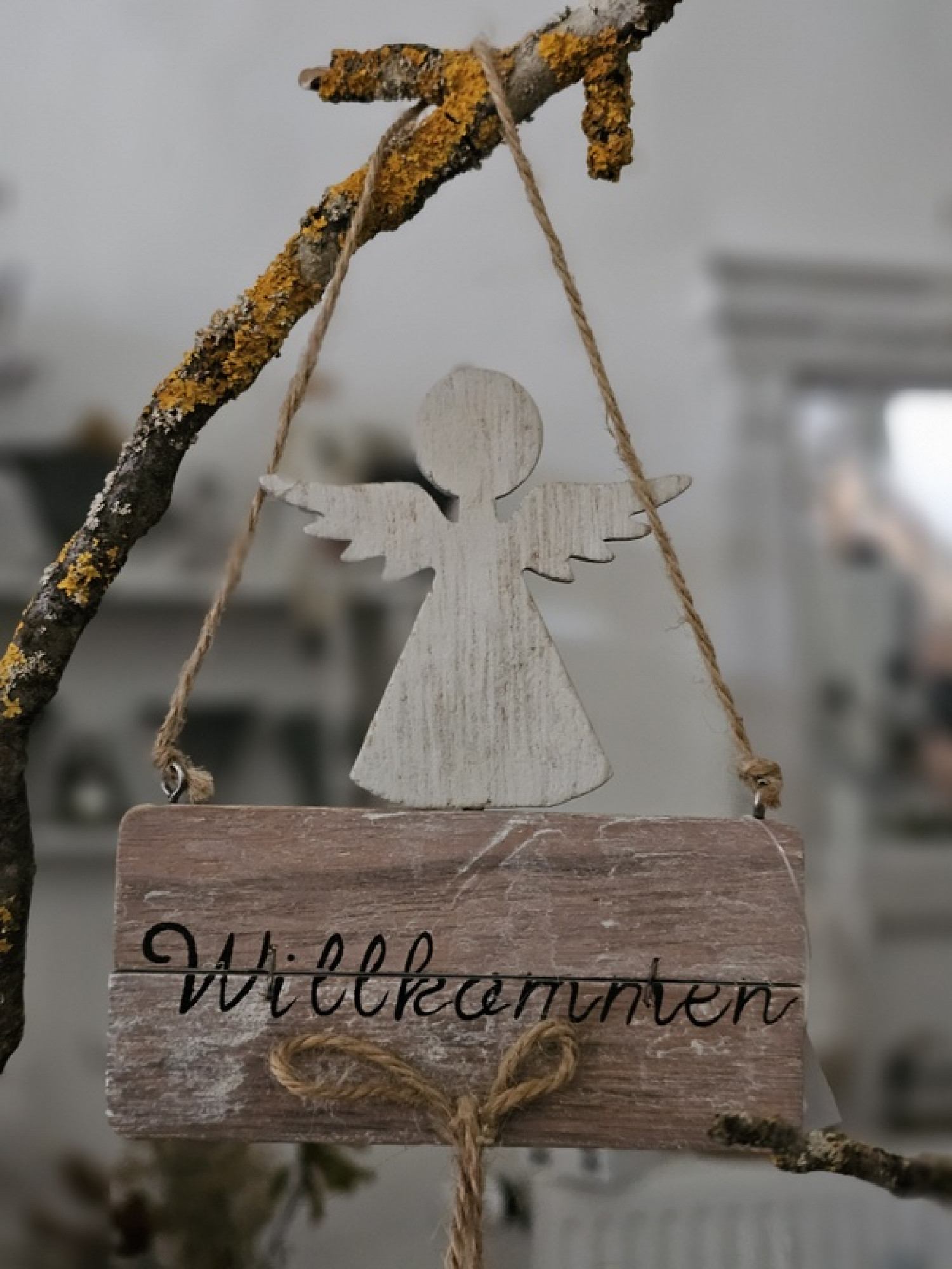 Willkommen Anhänger Holz Engel Herz